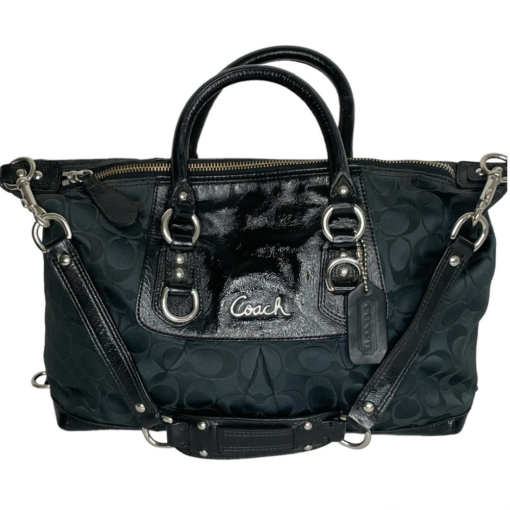 Coach Black Signature Satchel with Patent Leather Trim